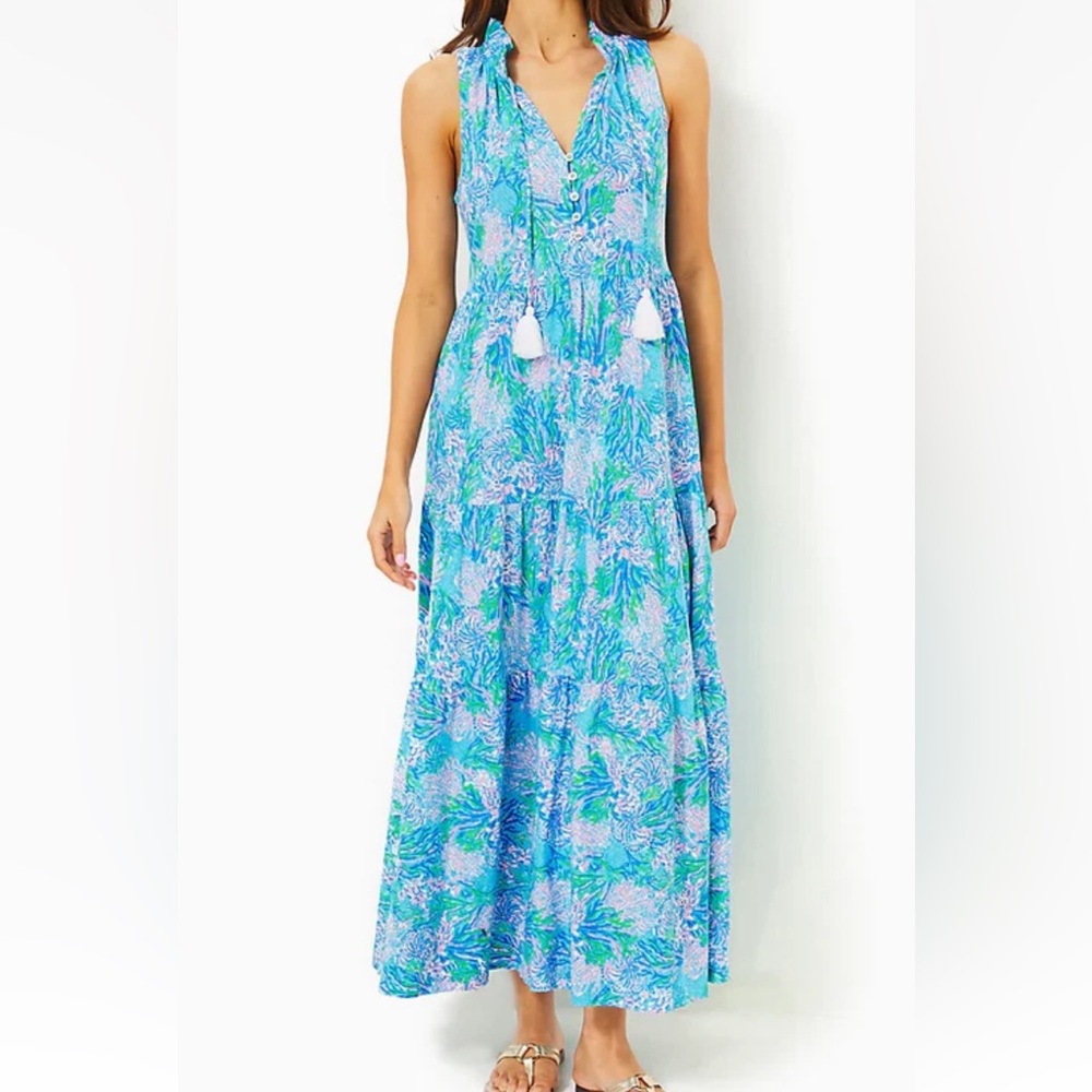 NWOT LILLY PULITZER Sz L MALONE MAXI DRESS *STRONG CURRENT SEA*